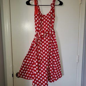Red and white polka dot dress with tie belt